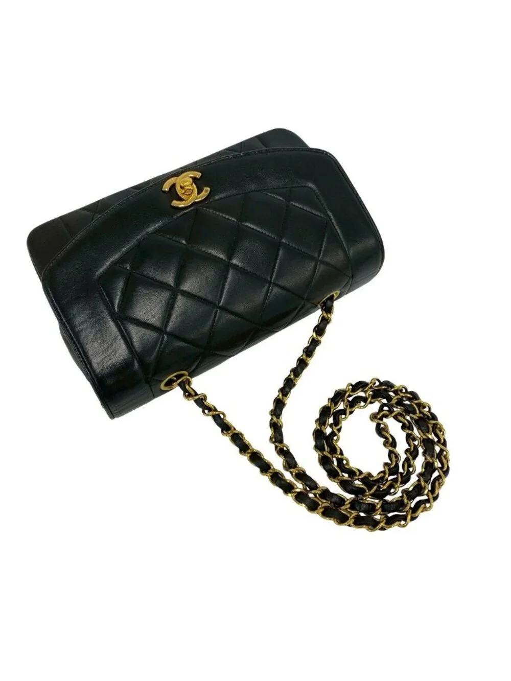 Chanel With Card Diana Quilted CC Logo Lambskin Shoulder Bag Black